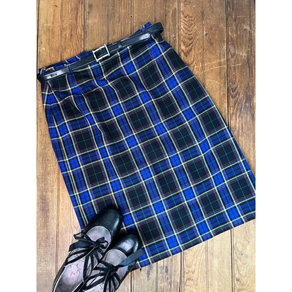 Vintage Betty Barclay skirt Blue Tartan Pencil Skirt - Women's Plaid wool